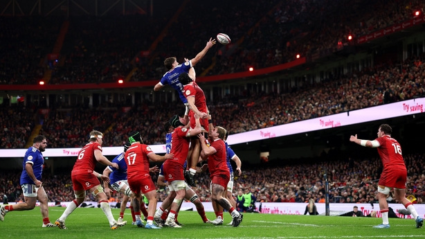 CARDIFF, WALES - FEBRUARY 15: Oscar Jegou of France competes for a line-out against Dafydd Jenkins of Wales during the Guinness Six Nations 2026 match between Wales and France at Principality Stadium on February 15, 2026 in Cardiff, Wales. (Photo by Dan Istitene/Getty Images)