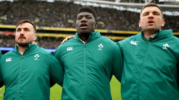14 February 2026; Ireland players, from left, Rónan Kelleher, Edwin Edogbo and Tadhg Beirne sing 'Ireland's Call' before the Guinness 6 Nations Rugby Championship match between Ireland and Italy at the Aviva Stadium in Dublin. Photo by Brendan Moran/Sportsfile
