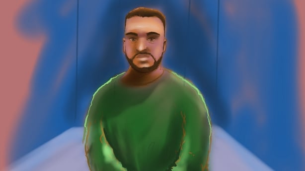 A sketch by artist Rocco Fazzari shows accused Bondi shooter Naveed Akram appearing via video