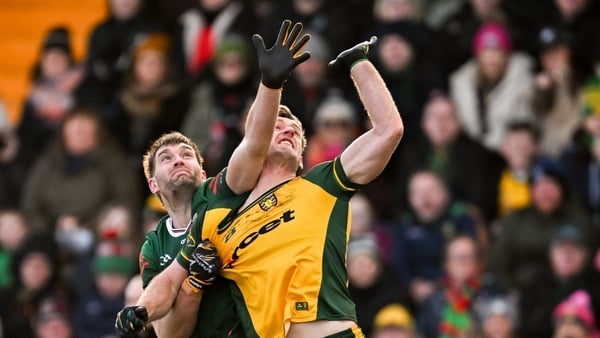 15 February 2026; Aidan O’Shea of Mayo in action against Hugh McFadden of Donegal during the Allianz Football League Division 1 match between Donegal and Mayo at O'Donnell Park in Letterkenny, Donegal. Photo by Ramsey Cardy/Sportsfile
