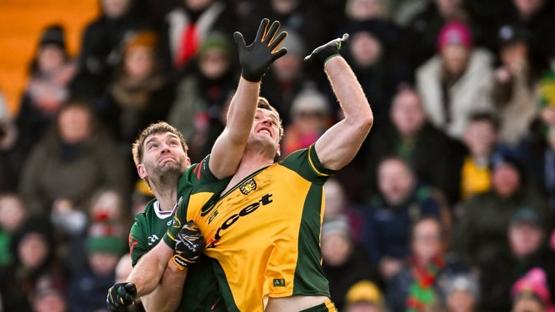 15 February 2026; Aidan O’Shea of Mayo in action against Hugh McFadden of Donegal during the Allianz Football League Division 1 match between Donegal and Mayo at O'Donnell Park in Letterkenny, Donegal. Photo by Ramsey Cardy/Sportsfile