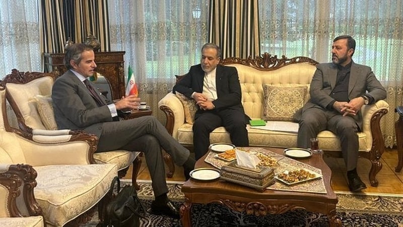 GENEVA, SWITZERLAND - FEBRUARY 16: (----EDITORIAL USE ONLY - MANDATORY CREDIT - 'RAFAEL MARIANO GROSSI'S X ACCOUNT / HANDOUT' - NO MARKETING NO ADVERTISING CAMPAIGNS - DISTRIBUTED AS A SERVICE TO CLIENTS----) Iranian Foreign Minister Abbas Araghchi (C) me