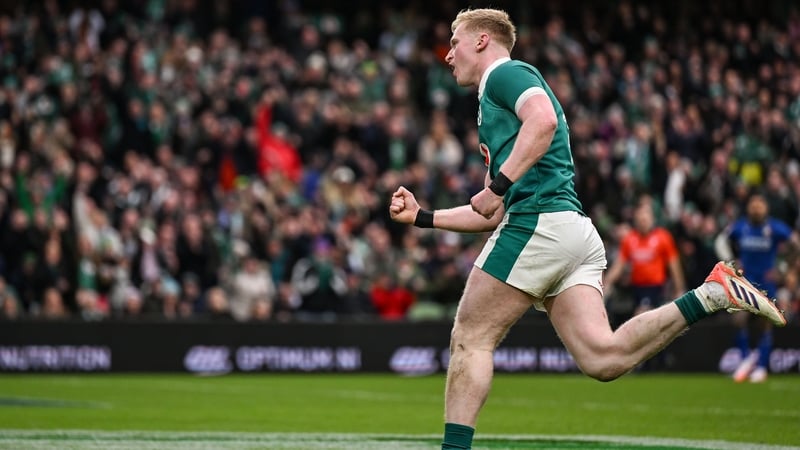 14 February 2026; Jamie Osborne of Ireland celebrates after scoring his side's first try during the Guinness 6 Nations Rugby Championship match between Ireland and Italy at the Aviva Stadium in Dublin. Photo by Brendan Moran/Sportsfile