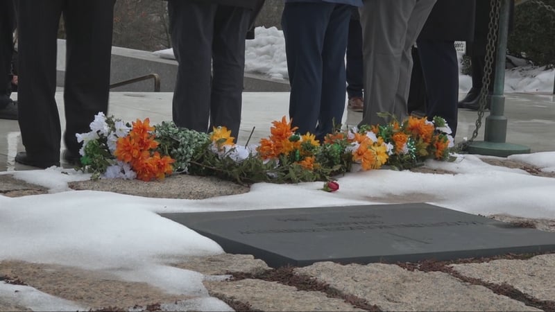 Wreath laying ceremony in Washington, DC, at the grave of John F Kennedy