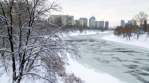 The icebound Rusanivskyi Canal is in winter in Kyiv, Ukraine, on February 16, 2026