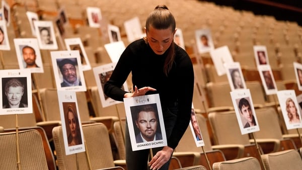 Images of actors are placed on chairs ahead of the BAFTA Awards 2026