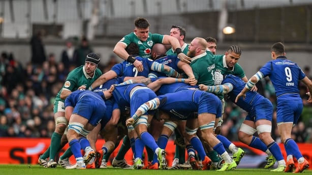 14 February 2026; A general view of a scrum during the Guinness 6 Nations Rugby Championship match between Ireland and Italy at the Aviva Stadium in Dublin. Photo by Brendan Moran/Sportsfile
