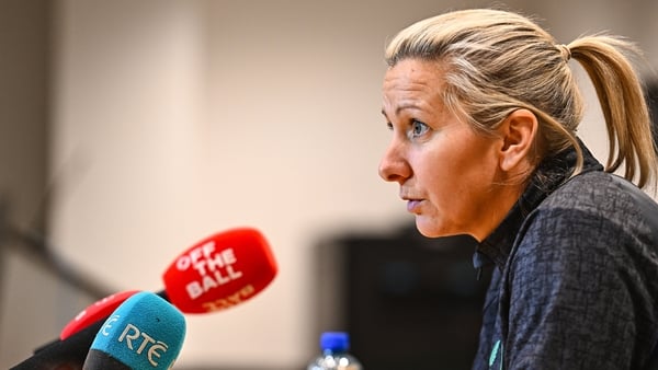Head coach Carla Ward speaks to the media during a Republic of Ireland women squad announcement at the FAI Headquarters in Abbotstown, Dublin