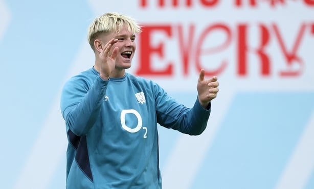 BAGSHOT, ENGLAND - FEBRUARY 16: Henry Pollock reacts during a game of cricket, in the warm up during the England training session at Pennyhill Park on February 16, 2026 in Bagshot, England. (Photo by David Rogers/Getty Images)
