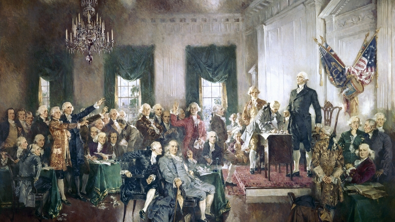 The Signing of the Constitution of the United States, with George Washington, Benjamin Franklin, and Thomas Jefferson at the Constitutional Convention of 1787; oil painting on canvas by Howard Chandler Christy, 1940. The painting is 20 by 30 feet and hang