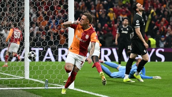 Noa Lang celebrates scoring his team's second goal during the UEFA Champions League, knockout round play-off 1st leg, football match between Galatasaray SK and Juventus FC at the Rams Park in Istanbul on February 17, 2026. (Photo by OZAN KOSE / AFP)