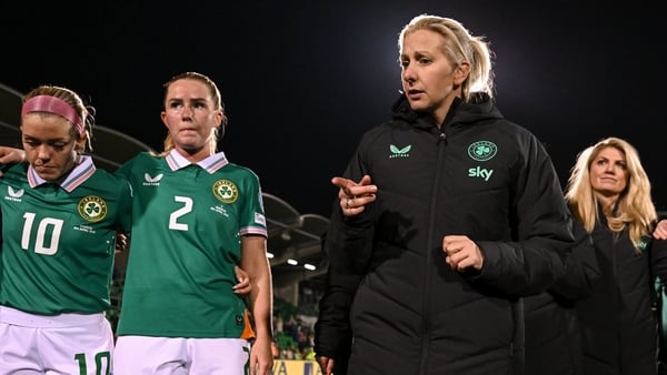 Republic of Ireland head coach Carla Ward speaks to her team after the UEFA Women's Nations League B match between Republic of Ireland and Greece at Tallaght Stadium in Dublin