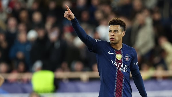 Desire Doue celebrates scoring his team's third goal during the UEFA Champions League knockout round play-off first leg football match between AS Monaco and Paris Saint-Germain at the Stade Louis II in the Principality of Monaco