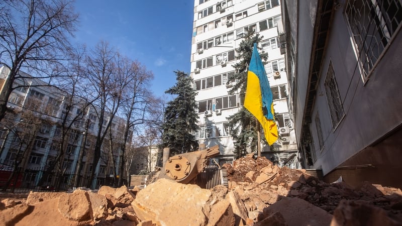 SUMY, UKRAINE - FEBRUARY 17: Pieces of a Russian drone after crashing into a building in Sumy, northeastern Ukraine, on February 17, 2026. (Photo by Francisco Richart/Anadolu via Getty Images)