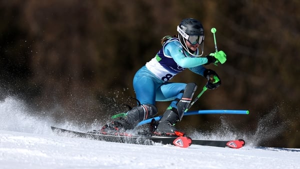 CORTINA D'AMPEZZO, ITALY - FEBRUARY 18: Anabelle Zurbay of Team Ireland competes during the Women's Slalom Run on day twelve of the Milano Cortina 2026 Winter Olympics at Tofane Alpine Skiing Centre on February 18, 2026 in Cortina d'Ampezzo, Italy. (Photo