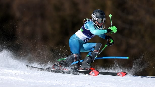 CORTINA D'AMPEZZO, ITALY - FEBRUARY 18: Anabelle Zurbay of Team Ireland competes during the Women's Slalom Run on day twelve of the Milano Cortina 2026 Winter Olympics at Tofane Alpine Skiing Centre on February 18, 2026 in Cortina d'Ampezzo, Italy. (Photo by Julian Finney/Getty Images)
