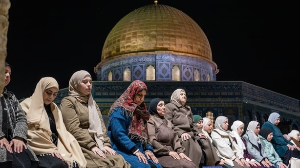 Muslims perform the first Taraweeh prayer of Ramadan in the courtyard of the Haram al-Sharif at Al-Aqsa Mosque in the Old City of Jerusalem