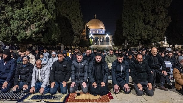 Muslims perform the first Taraweeh prayer of Ramadan in the courtyard of the Haram al-Sharif at Al-Aqsa Mosque in the Old City of Jerusalem