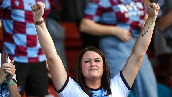 16 August 2025; Drogheda United chairperson Joanna Byrne celebrates her side's first goal during the Sports Direct Men’s FAI Cup third round match between Derry City and Drogheda United at The Ryan McBride Brandywell Stadium in Derry. Photo by Stephen McC