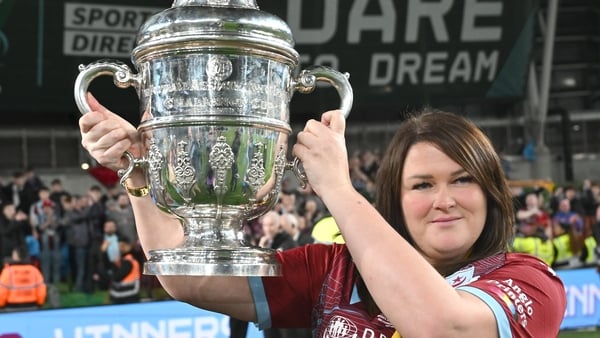 10 November 2024; Drogheda United chairperson Joanna Byrne celebrates with the FAI Cup after the Sports Direct Men's FAI Cup Final match between Drogheda United and Derry City at the Aviva Stadium in Dublin. Photo by Stephen McCarthy/Sportsfile
