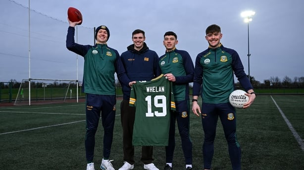 17 February 2026; In attendance at the Meath centre of excellence is Irishman and Green Bay Packers Punter Daniel Whelan, centre, who was on hand to experience an intercounty set-up during his visit to Ireland, with Meath senior footballers, from left, Cian McBride, Sean Brennan and Billy Hogan. Pho