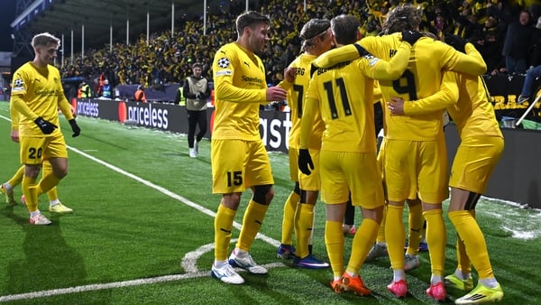 BODO, NORWAY - FEBRUARY 18: Jens Petter Hauge of Bodo/Glimt celebrates scoring his team's second goal with teammates during the UEFA Champions League 2025/26 League Knockout Play-off First Leg match between FK Bodo/Glimt and FC Internazionale Milano at As