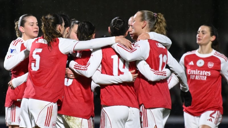 Mariona Caldentey of Arsenal celebrates scoring her team's second goal from the penalty spot with teammates during the UEFA Women's Champions League 2025/26 KO play-offs Second Leg match between Arsenal Women FC and OH Leuven at Meadow Park on February 1