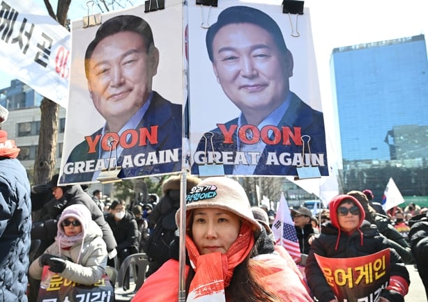 Supporters of South Korea's former president Yoon Suk Yeol outside a Seoul courthouse