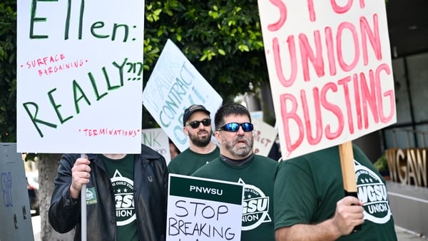 Protestors at a strike by the Writers Guild of America (WGA) staff ahead of Alliance of Motion Picture and Television Producers (AMPTP) Negotiations on February 17, 2026 in Los Angeles, California. (Photo by Michael Buckner/Variety via Getty Images)