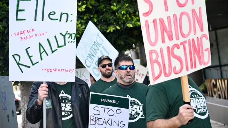 Protestors at a strike by the Writers Guild of America (WGA) staff ahead of Alliance of Motion Picture and Television Producers (AMPTP) Negotiations on February 17, 2026 in Los Angeles, California. (Photo by Michael Buckner/Variety via Getty Images)