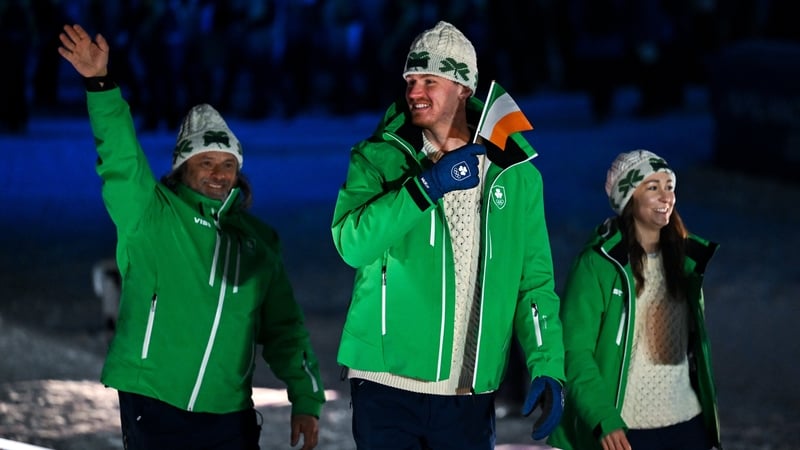 Team Ireland freestyle skier Ben Lynch, centre, during the opening ceremony of the Milano Cortina 2026 Winter Olympics