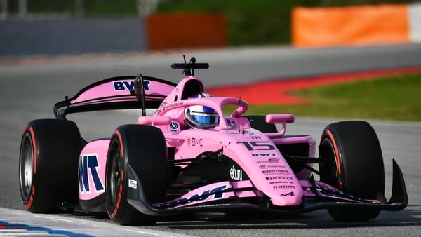 BARCELONA, SPAIN - FEBRUARY 18: Alexander Dunne of Ireland and Rodin Motorsport (15) on track during day two of Formula 2 Testing at Circuit de Barcelona-Catalunya on February 18, 2026 in Barcelona, Spain. (Photo by James Sutton - Formula 1/Formula 1 via