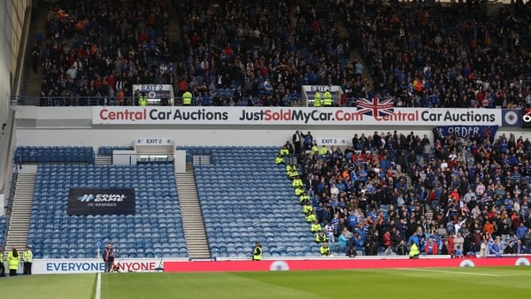 GLASGOW, SCOTLAND - AUGUST 29: A UEFA banner is seen across empty seats in the Broomloan Stand during the UEFA Europa League Play Off First Leg match between Rangers FC and Legia Warsaw at Ibrox Stadium on August 29, 2019 in Glasgow, United Kingdom. (Phot
