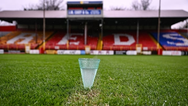 13 February 2026; A rain gauge on the pitch during a pitch inspection ahead of the SSE Airtricity Men's Premier Division match between Shelbourne and Shamrock Rovers at Tolka Park in Dublin. Photo by Stephen McCarthy/Sportsfile