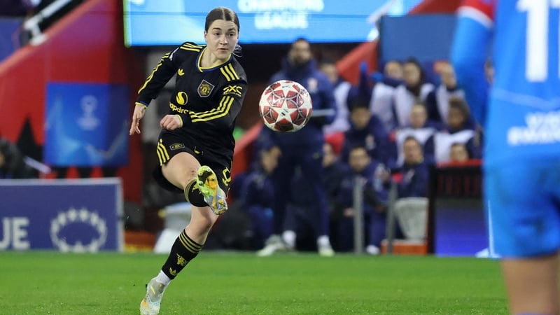 Manchester United's English midfielder #08 Jess Park shoots to score their second goal during the UEFA Women's Champions League, knockout round playoff, 2nd leg football match between Manchester United and Atletico Madrid at the Progress With Unity Stadiu