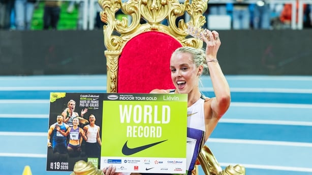 Britain's Keely Hodgkinson celebrates after breaking the world record in the 800m women final at the Athletics meeting "Hauts-de-France Pas-de-Calais" as part of the World Indoor Tour Gold, in Lievin, northern France on February 19, 2026