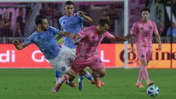 FT. LAUDERDALE, FL - NOVEMBER 29: New York City forward Kevin O'Toole (22) and Inter Miami forward Mateo Silvetti (24) battle for the ball in the second half during a MLS Cup Playoffs match between Inter Miami CF and New York City FC at Chase Stadium on November 29, 2025 in Fort Lauderdale, Florida.