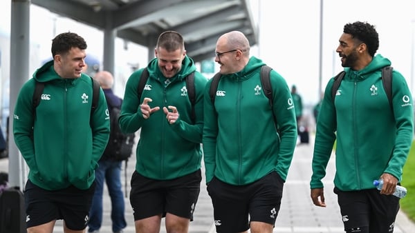 Ireland players, from left, Tom Farrell, Stuart McCloskey, Jacob Stockdale and Robert Baloucoune at Dublin Airport before 6N game against England