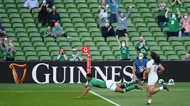 10 July 2021; Robert Baloucoune of Ireland dives over to score his side's first try during the International Rugby Friendly match between Ireland and USA at the Aviva Stadium in Dublin. Photo by Ramsey Cardy/Sportsfile