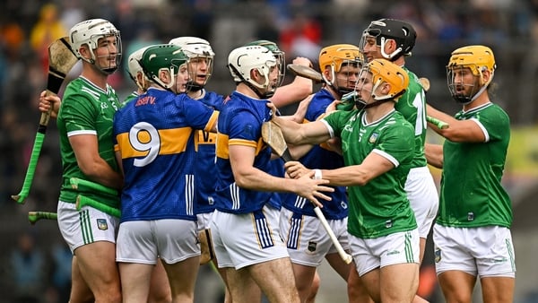 20 April 2025; Limerick and Tipperary tussle during the Munster GAA Hurling Senior Championship Round 1 match between Tipperary and Limerick at FBD Semple Stadium in Thurles, Tipperary. Photo by Seb Daly/Sportsfile