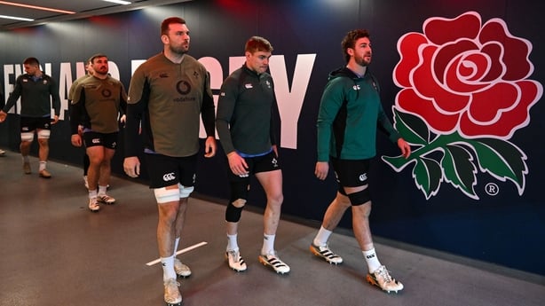 20 February 2026; Tadhg Beirne, left, Garry Ringrose, centre, and Caelan Doris during an Ireland Rugby captain's run at the Allianz Stadium in Twickenham, England. Photo by Brendan Moran/Sportsfile