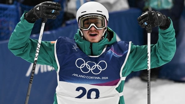 Ireland's Benjamin Lynch reacts after competing in the freestyle skiing men's freeski halfpipe final run 3 during the Milano Cortina 2026 Winter Olympic Games at Livigno Snow Park, in Livigno (Valtellina), on February 20, 2026. (Photo by Jeff PACHOUD / AF