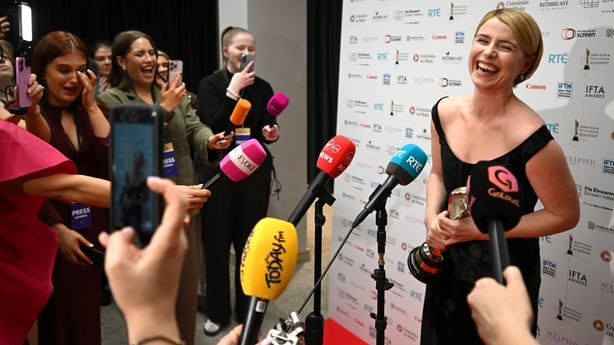 Jessie Buckley receives the Lead Actress award at the 2026 Irish Film & Television (IFTA) Awards