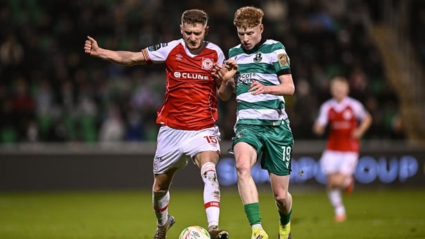 20 February 2026; Ronan Boyce of St Patrick's Athletic in action against Adam Brennan of Shamrock Rovers during the SSE Airtricity Men's Premier Division match between Shamrock Rovers and St Patrick's Athletic at Tallaght Stadium in Dublin. Photo by Seb Daly/Sportsfile
