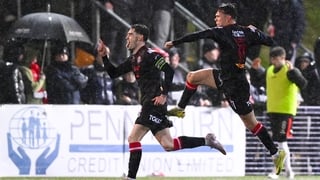 20 February 2026; Dawson Devoy of Bohemians celebrates with team-mate Dayle Rooney, right, after scoring their side's first goal during the SSE Airtricity Men's Premier Division match between Derry City and Bohemians at The Ryan McBride Brandywell Stadium