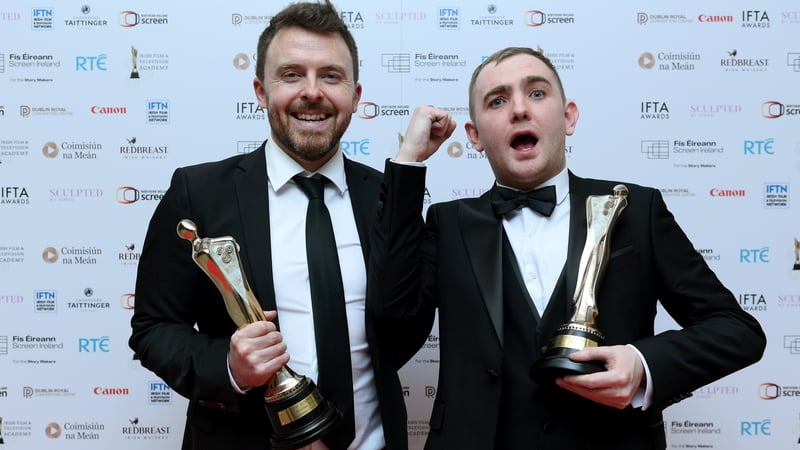Brendan Canty and Daniel Power pose with there awards at the 2026 Irish Film & Television (IFTA) Awards