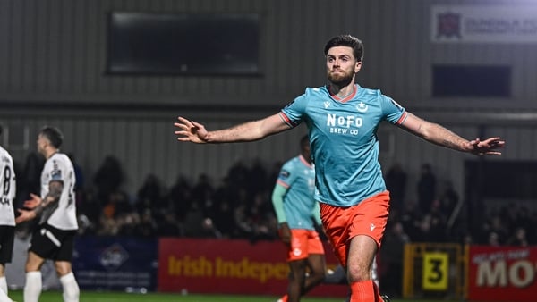 20 February 2026; Conor Keeley of Drogheda United celebrates after scoring his side's first goal during the SSE Airtricity Men's Premier Division match between Dundalk and Drogheda United at Oriel Park in Dundalk, Louth. Photo by Ben McShane/Sportsfile