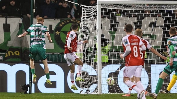 Adam Brennan of Shamrock Rovers heads his side's second goal during the SSE Airtricity Men's Premier Division match between Shamrock Rovers and St Patrick's Athletic at Tallaght Stadium in Dublin. Photo by Paul Phelan/Sportsfile