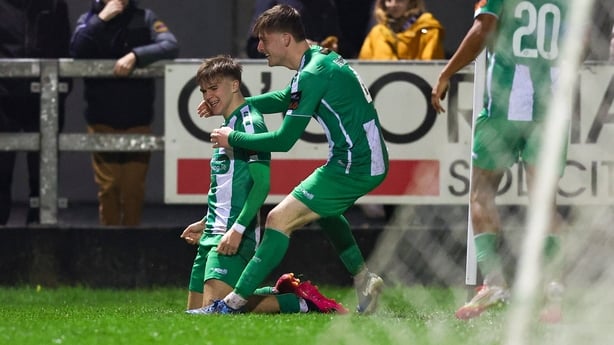 20 February 2026; Billy O'Neill of Bray Wanderers, left, celebrates after scoring his side's first goal during the SSE Airtricity Men's First Division match between Treaty United and Bray Wanderers at Markets Field in Limerick. Photo by Michael P Ryan/Sportsfile