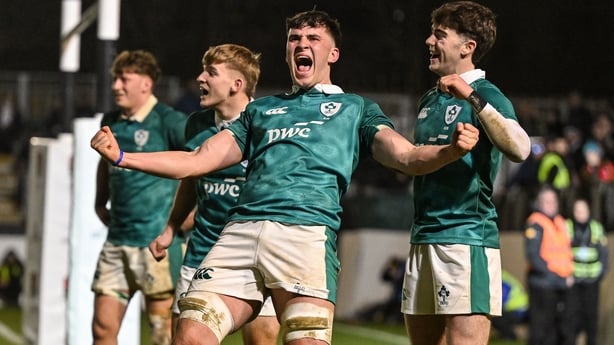 Ireland players Sean Walsh, centre, and Noah Byrne celebrate at the final whistle of the U20 Six Nations Rugby Championship match between England and Ireland at The Rec in Bath, England. Photo by Brendan Moran/Sportsfile